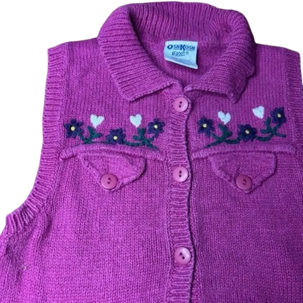 Vintage OshKosh B’gosh Girls Sweater Vest Size 4/5 Purple Floral Hearts